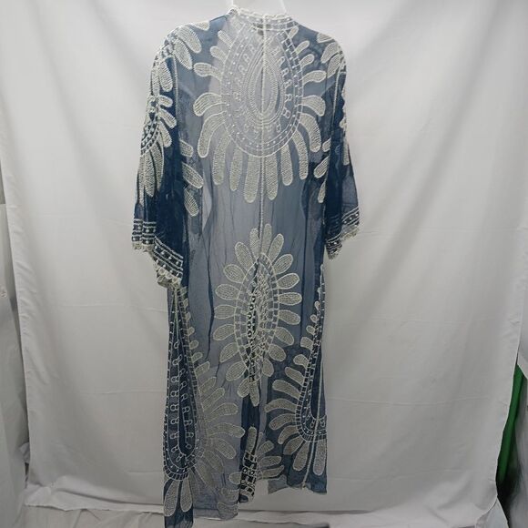Rebellion Again Boho Duster Open Front  Blue White Kimono Sheer Embriodery Large - Picture 2 of 9